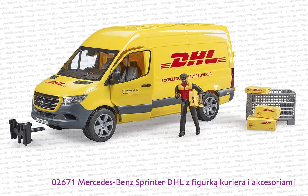 02671 BRUDER Mercedes-Benz Sprinter DHL z figurką kuriera i akcesoriami z mocowaniem akcesoriów np. wyciągarki