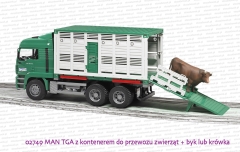 Bruder 02749 MAN TGA z kontenerem do przewozu zwierząt + figurka krowy lub byka