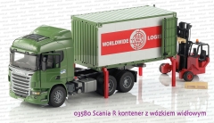 Bruder 03580 Scania R kontener z wózkiem widłowym i dwiema paletami - trwa załadunek, kontener stoi na własnych podporach