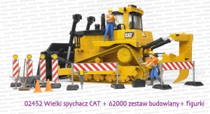 02452 BRUDER Wielki spychacz gąsienicowy Caterpillar D10T oraz zestaw 62200 + figurki robotników. Wymienione zabawki do kupienia osobno - nie wchodzą w skład wspólnego zestawu.