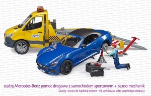 02675 BRUDER Mercedes-Benz Sprinter pomoc drogowa z samochodem sportowym oraz 62100 figurka mechanika z narzędziami