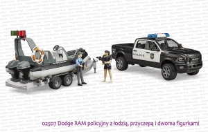 02507 BRUDER Dodge RAM policyjny z przyczepą i łodzią policyjną oraz figurką policjantki i płetwonurkiem