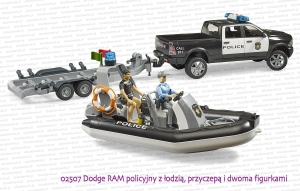 02507 BRUDER Dodge RAM policyjny z przyczepą i łodzią policyjną oraz figurką policjantki i płetwonurkiem