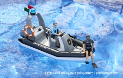 62733 BRUDER Łódź pontonowa policji z figurką policjanta i płetwonurkiem - może pływać w prawdziwej wodzie