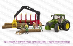 03154 BRUDER Ciągnik rolniczy John Deere 7R 350 z przyczepą leśną i dźwigiem oraz figurki drwali 60030, figurka leśniczego. Figurki do kupienia osobno - nie wchodzą w skład wspólnego zestawu.