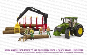03154 BRUDER Ciągnik rolniczy John Deere 7R 350 z przyczepą leśną i dźwigiem oraz figurki drwali 60030, figurka leśniczego. Figurki do kupienia osobno - nie wchodzą w skład wspólnego zestawu.