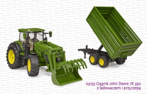 03155 BRUDER Ciągnik rolniczy John Deere 7R 350 z ładowaczem czołowym i przyczepą