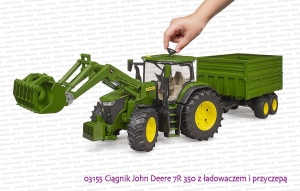 03155 BRUDER Ciągnik rolniczy John Deere 7R 350 z ładowaczem czołowym i przyczepą - sposób sterowania przednimi kołami