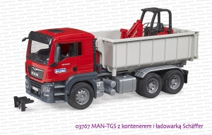 03767 BRUDER MAN TGS z zsuwanym kontenerem i ładowarką Schäffer Hoflader 2630
