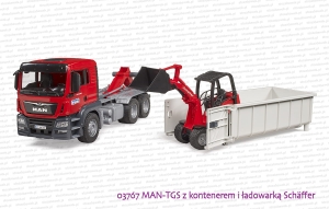 03767 BRUDER MAN TGS z zsuwanym kontenerem i ładowarką Schäffer Hoflader 2630