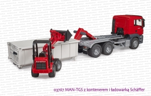 03767 BRUDER MAN TGS z zsuwanym kontenerem i ładowarką Schäffer Hoflader 2630