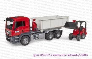 03767 BRUDER MAN TGS z zsuwanym kontenerem i ładowarką Schäffer Hoflader 2630
