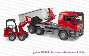 03767 BRUDER MAN TGS z zsuwanym kontenerem i ładowarką Schäffer Hoflader 2630