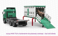 Bruder 02749 MAN TGA z kontenerem do przewozu zwierząt + figurka krowy lub byka - zdejmowany z ciężarówki kontener