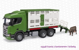 03548 BRUDER Scania Super 560R z kontenerem do przewozu zwierząt i figurką krowy