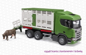 03548 BRUDER Scania Super 560R z kontenerem do przewozu zwierząt i figurką krowy