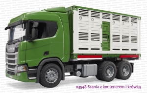 03548 BRUDER Scania Super 560R z kontenerem do przewozu zwierząt i figurką krowy