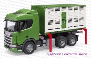 03548 BRUDER Scania Super 560R z kontenerem do przewozu zwierząt i figurką krowy