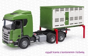 03548 BRUDER Scania Super 560R z kontenerem do przewozu zwierząt i figurką krowy