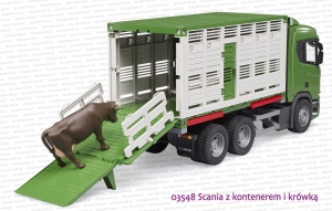 03548 BRUDER Scania Super 560R z kontenerem do przewozu zwierząt i figurką krowy
