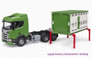 03548 BRUDER Scania Super 560R z kontenerem do przewozu zwierząt i figurką krowy