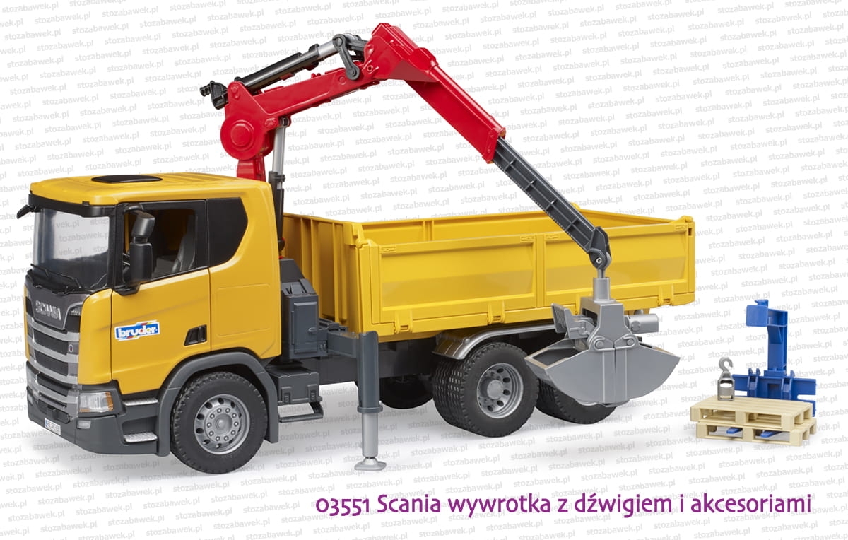 03551 BRUDER Scania Super 560R wywrotka skrzyniowa z dźwigiem i akcesoriami