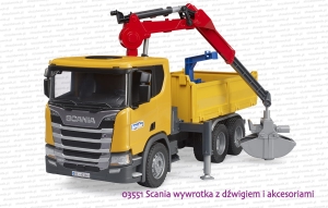 03551 BRUDER Scania Super 560R wywrotka skrzyniowa z dźwigiem i akcesoriami