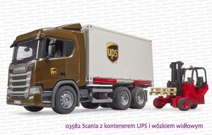03582 BRUDER Scania Super 560R z kontenerem UPS i wózkiem widłowym