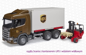 03582 BRUDER Scania Super 560R z kontenerem UPS i wózkiem widłowym