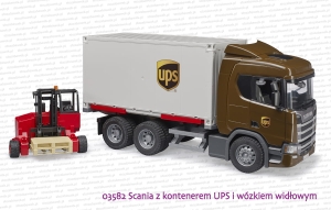 03582 BRUDER Scania Super 560R z kontenerem UPS i wózkiem widłowym