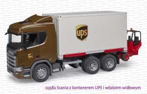 03582 BRUDER Scania Super 560R z kontenerem UPS i wózkiem widłowym