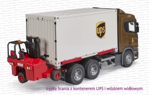03582 BRUDER Scania Super 560R z kontenerem UPS i wózkiem widłowym