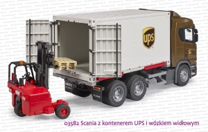 03582 BRUDER Scania Super 560R z kontenerem UPS i wózkiem widłowym