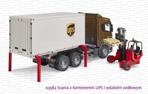 03582 BRUDER Scania Super 560R ze zdjętym kontenerem UPS i wózkiem widłowym