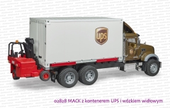 02828 BRUDER MACK z kontenerem UPS i wózkiem widłowym podwieszonym pod kontener