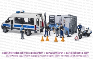 02683 BRUDER Mercedes-Benz Sprinter policyjny z figurką policjanta, 62732 komisariat oraz 62150 policjant z psem