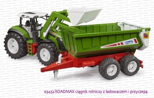 03452 BRUDER ROADMAX Ciągnik rolniczy z ładowaczem czołowym i przyczepą