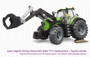 03161 BRUDER Ciągnik rolniczy Deutz-Fahr 8280 TTV z ładowaczem czołowym oraz figurka rolnika z zestawu 62610