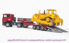 03555 BRUDER Scania R z naczepą platformą i wielkim spychaczem CAT