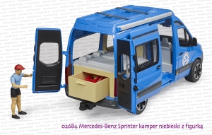 02684 BRUDER Mercedes-Benz Sprinter kamper niebieski z kierowcą - skrzynka na krzesła