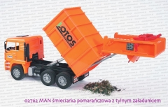 Bruder 02762 MAN śmieciarka pomarańczowa z tylnym załadunkiem + 2 kosze na śmieci