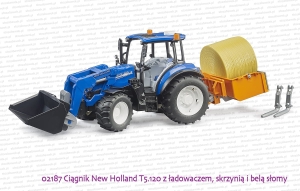 02187 BRUDER Ciągnik rolniczy New Holland T5.120 z ładowaczem i skrzynią ładunkową