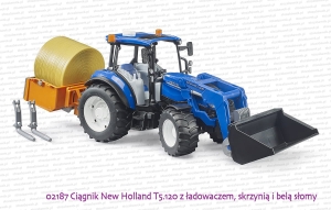 02187 BRUDER Ciągnik rolniczy New Holland T5.120 z ładowaczem i skrzynią ładunkową