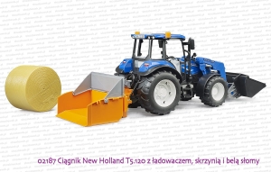 02187 BRUDER Ciągnik rolniczy New Holland T5.120 z ładowaczem i skrzynią ładunkową