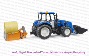 02187 BRUDER Ciągnik rolniczy New Holland T5.120 z ładowaczem i skrzynią ładunkową
