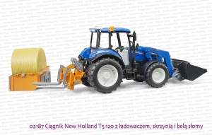 02187 BRUDER Ciągnik rolniczy New Holland T5.120 z ładowaczem i skrzynią ładunkową