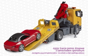 03552 BRUDER Scania Super 560R pomoc drogowa z samochodem sportowym + wyciągarka do kupienia osobno