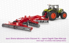 02217 BRUDER Brona talerzowa Kuhn Discover XL podłączona do ciągnika 03010 Claas Atles 936 RZ