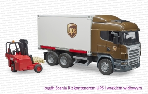 03581 BRUDER Scania R z kontenerem UPS i wózkiem widłowym