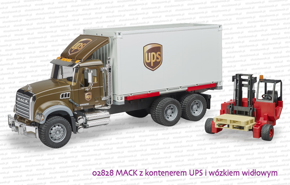 02828 BRUDER MACK z kontenerem UPS i wózkiem widłowym